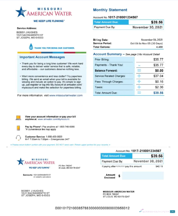download download USA MISSOURI AMERICAN WATER utility bill Word and PDF template PDF template PDF template